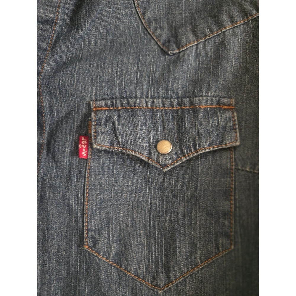 Levi's Womens Small Pearl Snap Western Shirt Blue Denim Chambray Cowgirl Pockets - Picture 2 of 8